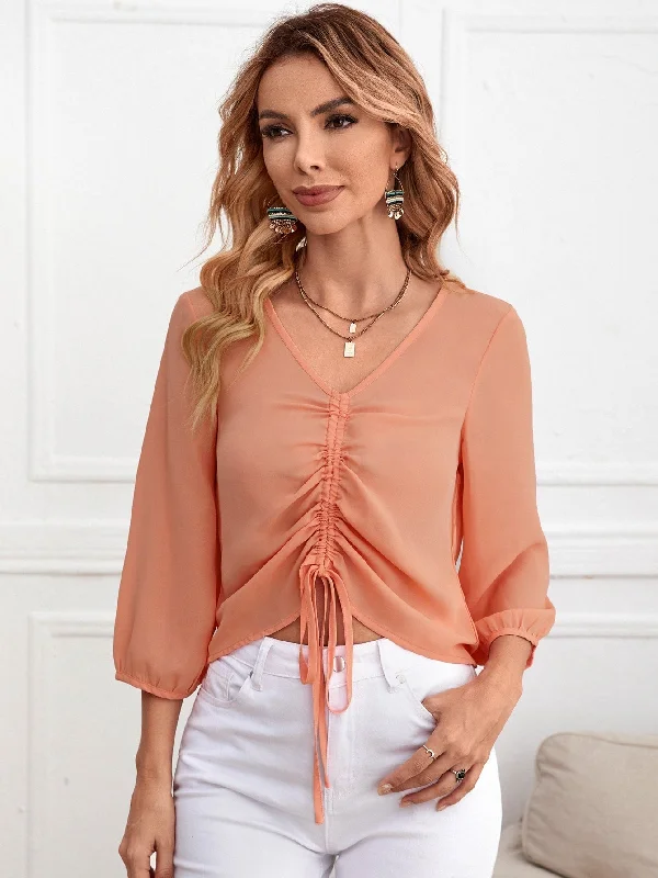 MegaBetty - V Neck Drawstring Front Blouse