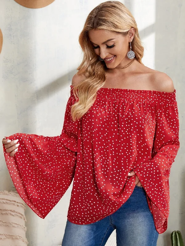 MegaBetty - Polka Dots Off Shoulder Flare Sleeve Blouse