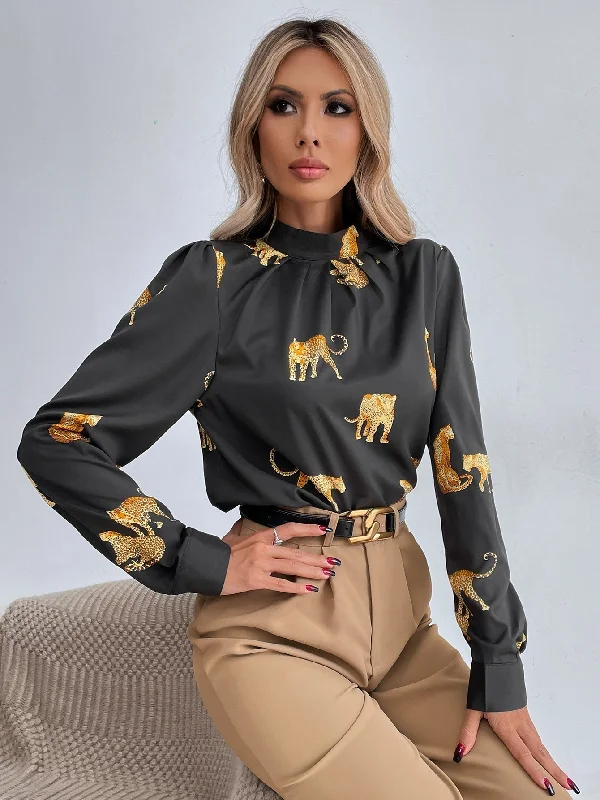 MegaBetty - Animal Print Mock Sleeve Blouse