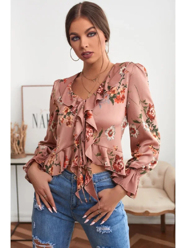 MegaBetty - V-NECK RUFFLED FLORAL LONG SLEEVES BLOUSE