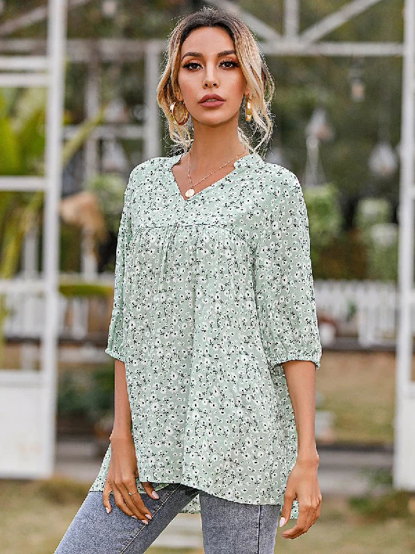 MegaBetty - Green Floral V neck Chiffon Pleated Front Lantern Sleeve Blouse