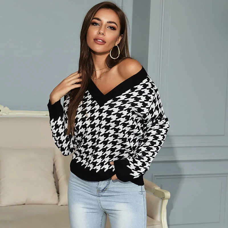 MegaBetty - Sexy Off-shoulder V-neck Women Sweater Long Sleeve Spring Autumn Knitted Pullover Sweaters