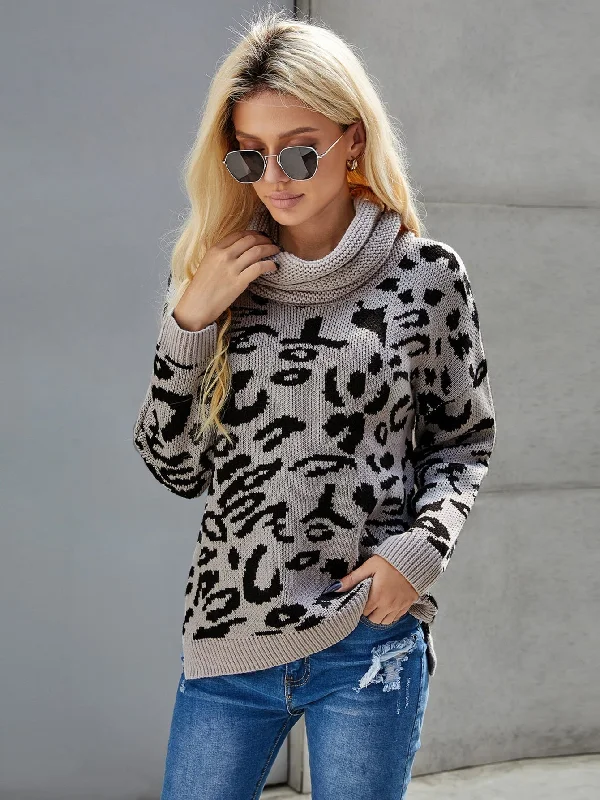 MegaBetty - Women Leopard Cozy Long Sleeves Turtleneck Sweater Tops