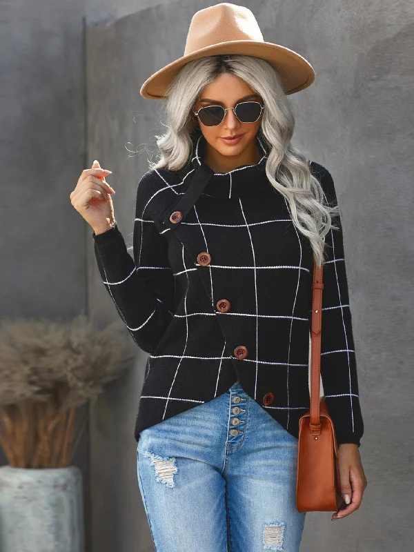 MegaBetty - Women's Plaid Button Down Turtleneck Knit Sweater Casual Long Sleeve Irregular Hemline Pullover Tops Knitwear