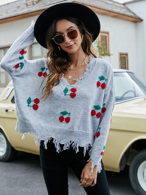 MegaBetty - Sexy V-neck cherry pattern loose knit sweater