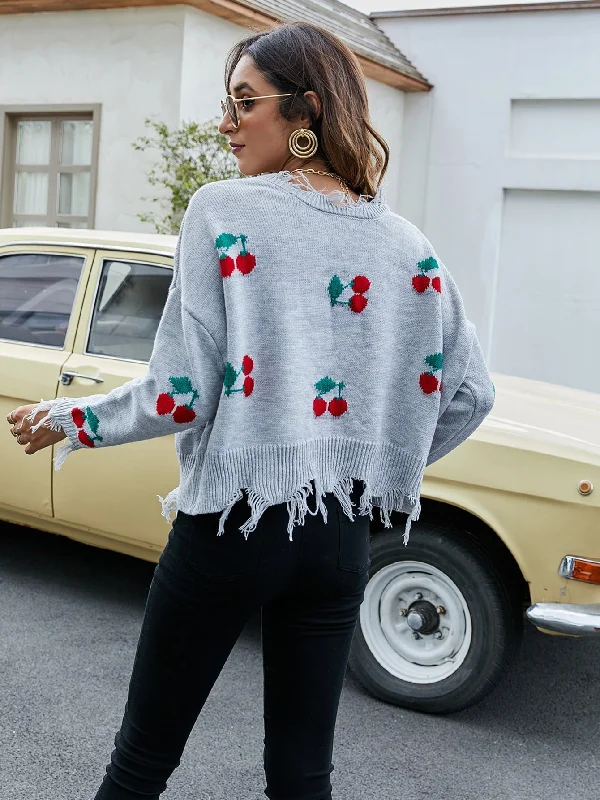 MegaBetty - Sexy V-neck cherry pattern loose knit sweater