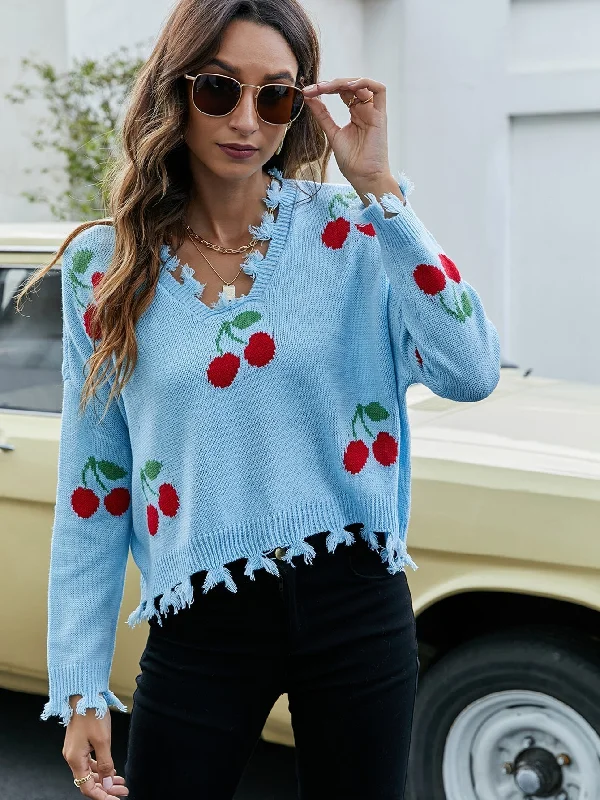 MegaBetty - Sexy V-neck cherry pattern loose knit sweater