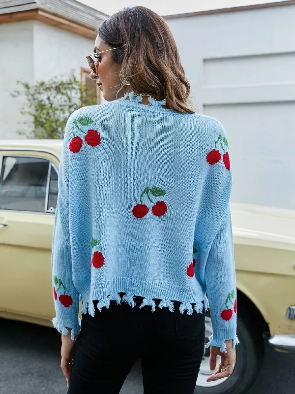 MegaBetty - Sexy V-neck cherry pattern loose knit sweater