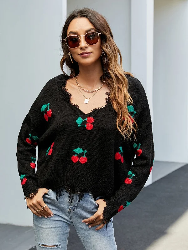 MegaBetty - Sexy V-neck cherry pattern loose knit sweater