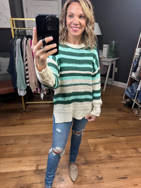 Deep Connections Striped Crew Sweater - Teal Green Combo