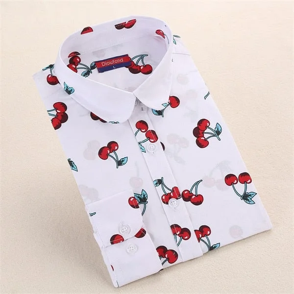 Dioufond Cotton Long Sleeve Women Blouses School Work Office Shirts Casual Tops Ladies Cherry Print Shirt Women Fashion Clothing