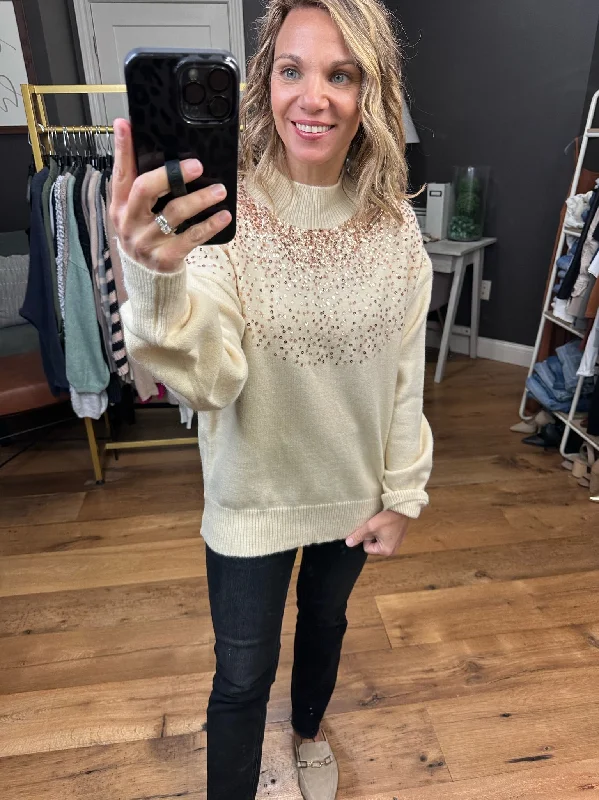 Glitz & Glam Sequin Detail Mock-Neck Sweater - Cream