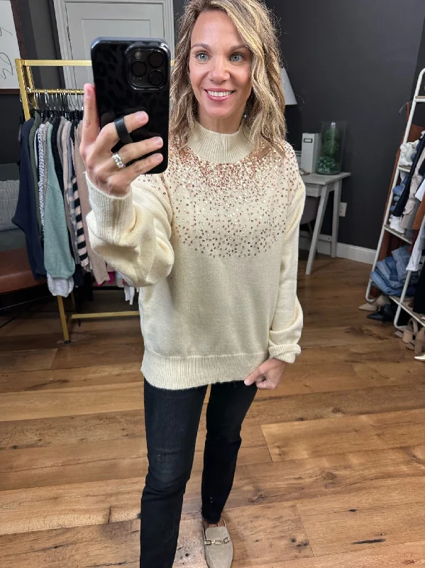 Glitz & Glam Sequin Detail Mock-Neck Sweater - Cream