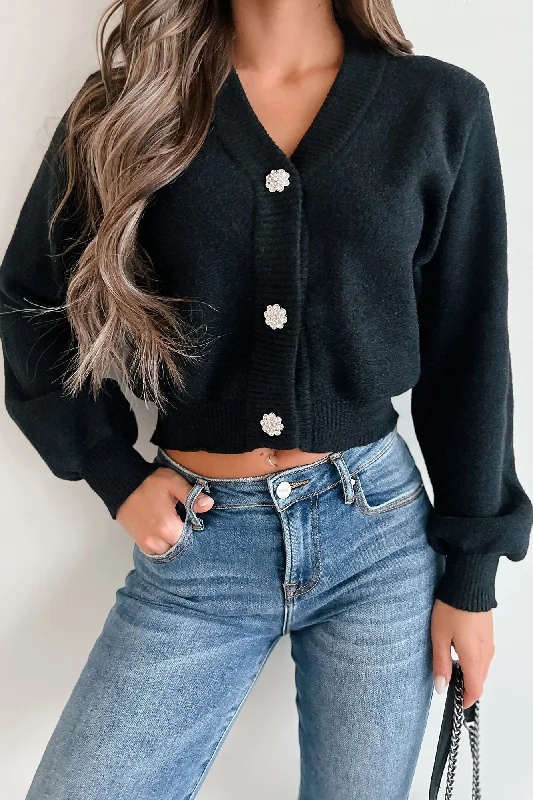 Notable Charm Embellished Button Sweater Cardigan (Black)