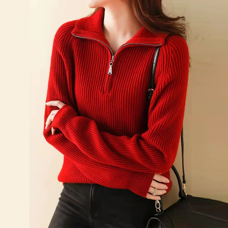 Plain Shift Zipper Long Sleeve Sweater