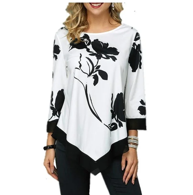 Shirt Women Spring Autumn Printing O-neck Blouse 3/4 Sleeve Casual Hem Irregularity Female fashion shirt Tops Plus Size