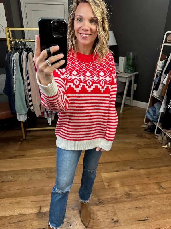 Wonderland Walk Patterned Crew Sweater - Red