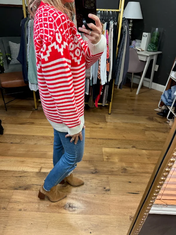 Wonderland Walk Patterned Crew Sweater - Red