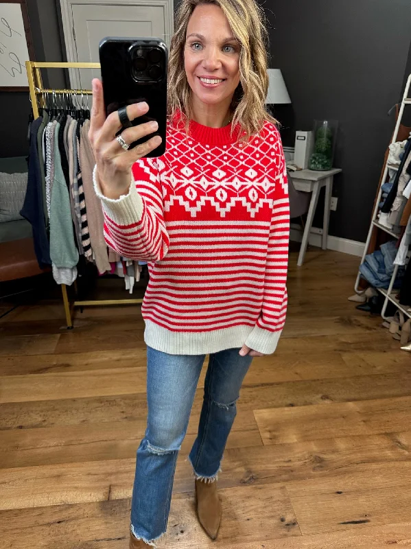 Wonderland Walk Patterned Crew Sweater - Red