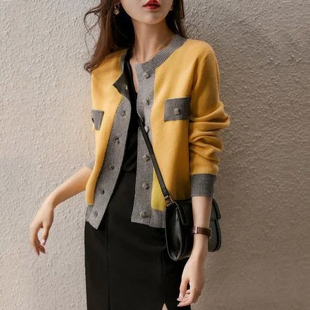 Yellow Solid Shift Crew Neck Long Sleeve Cardigan