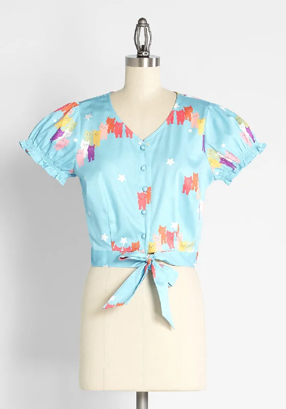 Modcloth X Collectif Curious And Colorful Cats Puff Sleeve Top