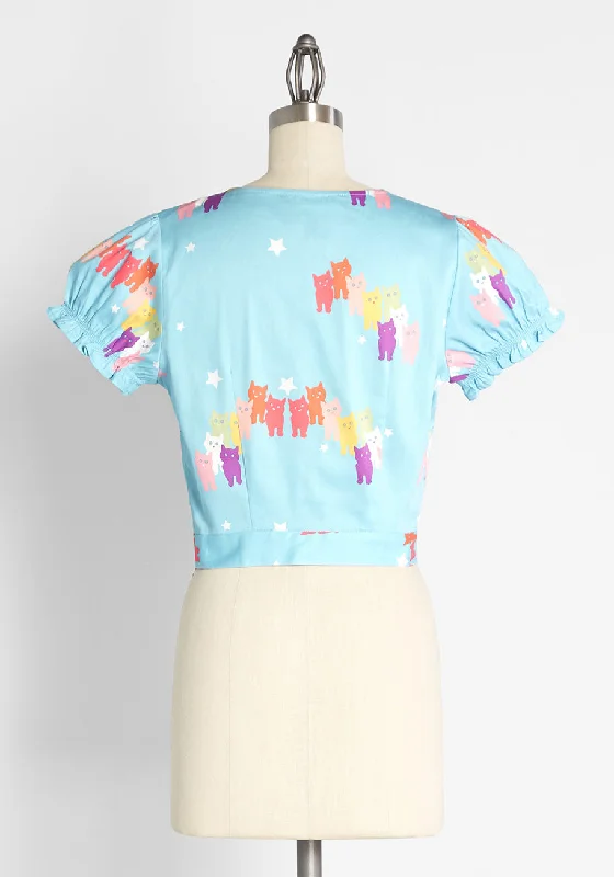 Modcloth X Collectif Curious And Colorful Cats Puff Sleeve Top