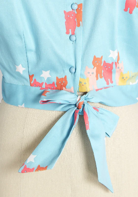 Modcloth X Collectif Curious And Colorful Cats Puff Sleeve Top