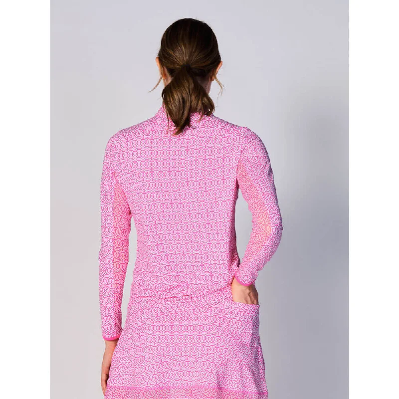 G Lifestyle Cubic Long Sleeve Collar Block Zip Mock Neck Top - Hot Pink/Hot Pink