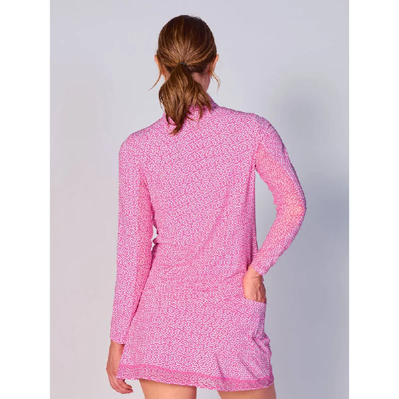 G Lifestyle Cubic Long Sleeve Zip Mock Neck Top - Hot Pink