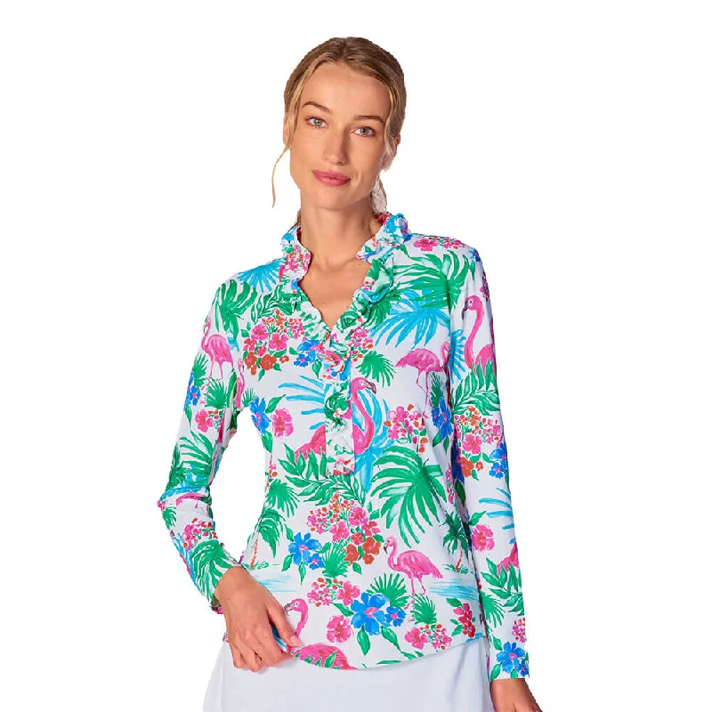 G Lifestyle Print Long Sleeve Double Ruffle Top - Flamingo