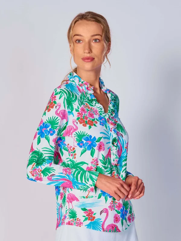 G Lifestyle Print Long Sleeve Double Ruffle Top - Flamingo