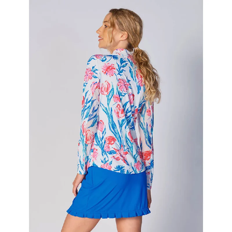 G Lifestyle Print Long Sleeve Zip Mock Neck Top - Tulip