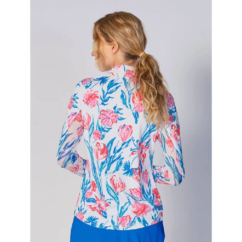 G Lifestyle Print Long Sleeve Zip Mock Neck Top - Tulip