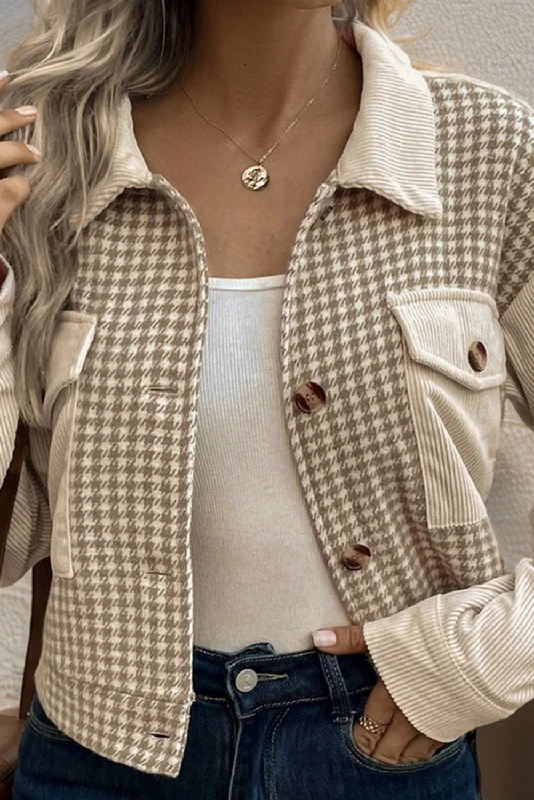 Khaki Stripe Colorblock Splicing Cropped Jacket