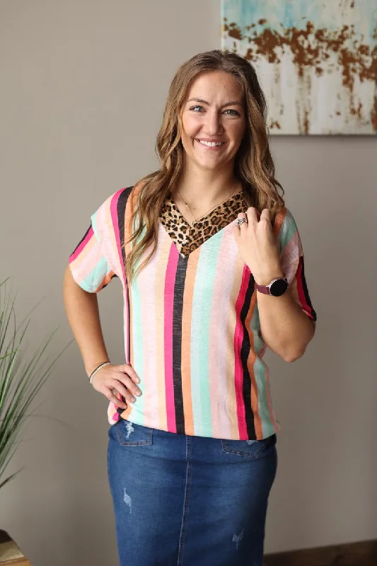 Leopard Contrast V-Neck Multi Stripe Short Sleeve Top