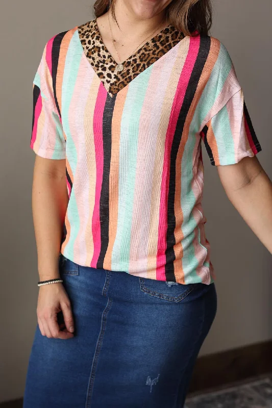 Leopard Contrast V-Neck Multi Stripe Short Sleeve Top