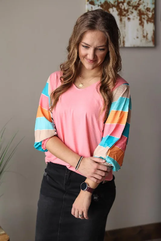 Pink Multi Stripe Dolman Sleeve V-Neck Top