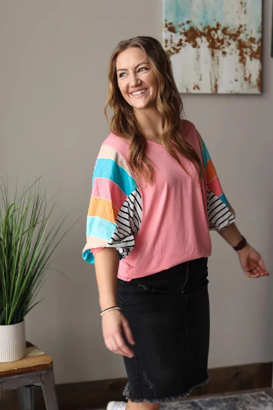 Pink Multi Stripe Dolman Sleeve V-Neck Top