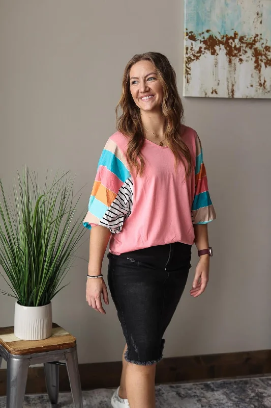 Pink Multi Stripe Dolman Sleeve V-Neck Top