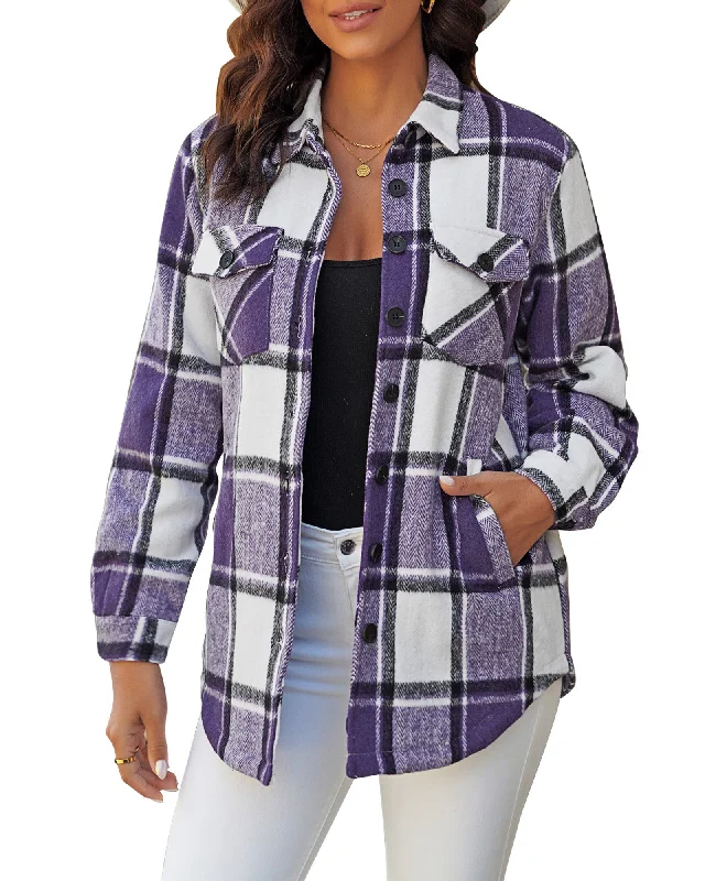 Purple Plaid Long Sleeves Button Down Jacket