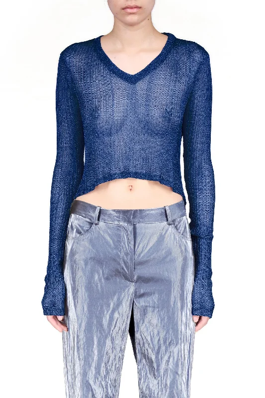 Midnight Blue Metallic V-Neck Cropped Top