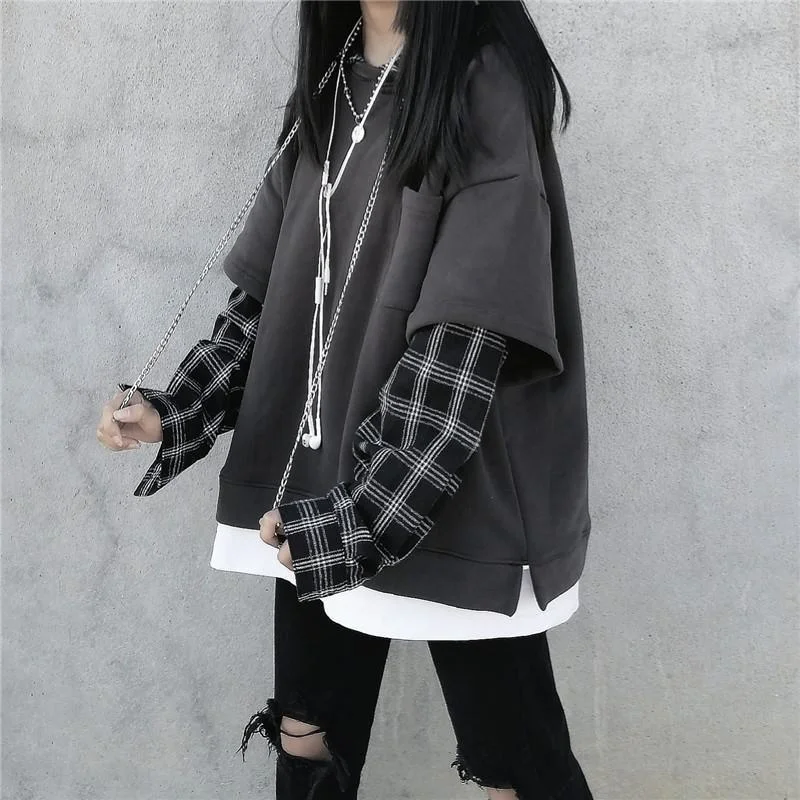 Black Hip Hop Plaid Japan Kawaii Femme Casual Oversized Basic Hoodie