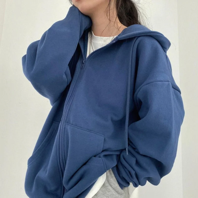 Vintage Solid Long Sleeve Zip-Up Oversized  Hoodie